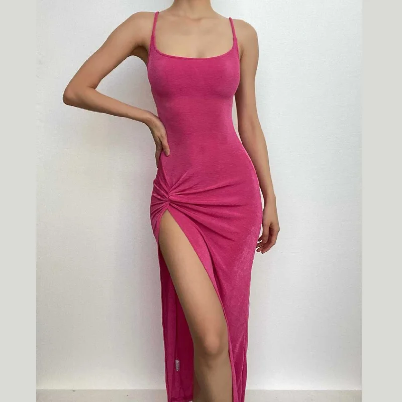 BerryBetty - Knotted u neck slit solid irregular backless cami midi dress