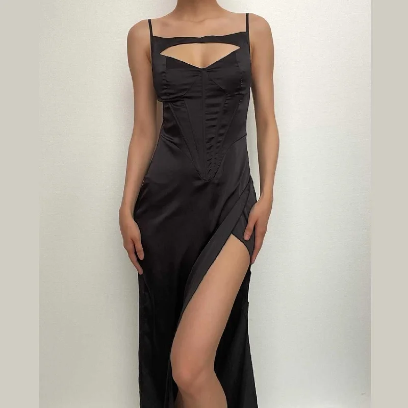 BerryBetty - Solid satin hollow out slit backless corset midi dress