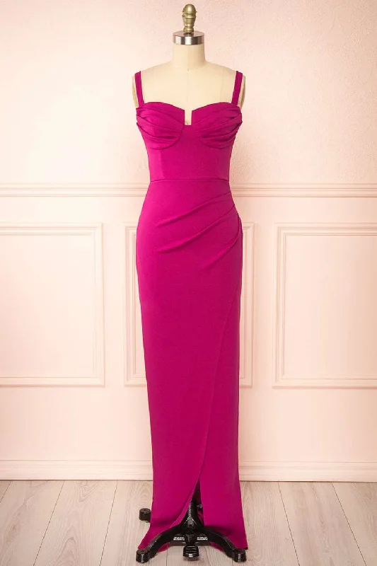 Magenta Corset Top Straps Maxi Dress with Slit