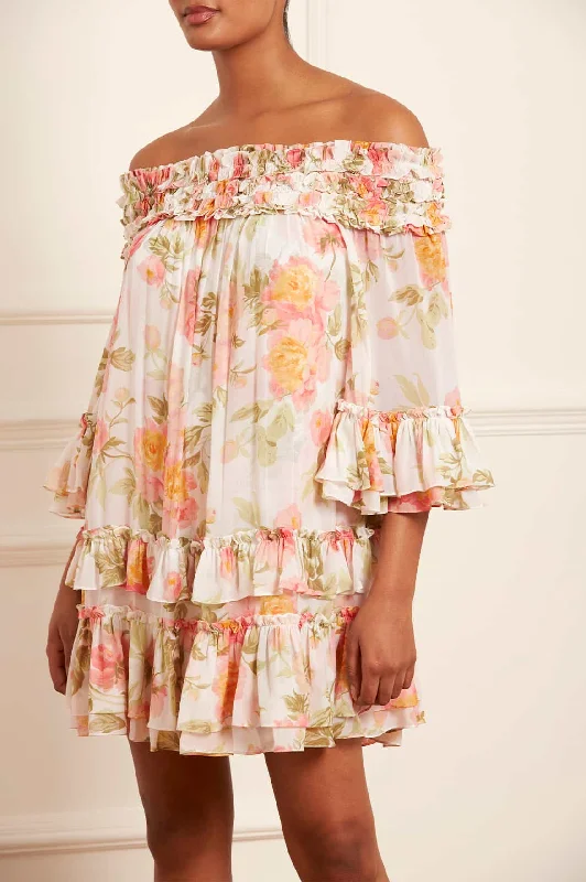 Peony Promise Chiffon Off-Shoulder Tiered Micro Mini Dress