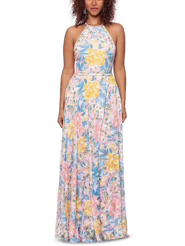 Petites Womens Floral Halter Maxi Dress