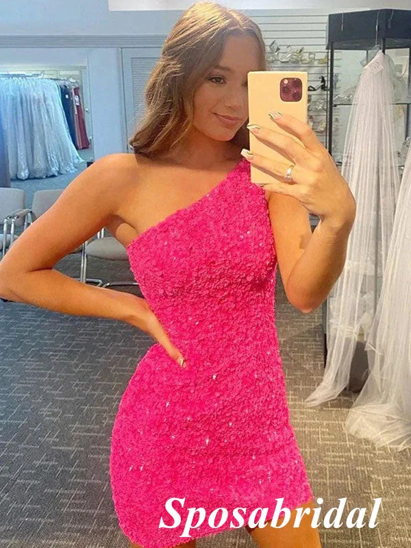 Sarkly Pink Sequin One Shoulder Sheath Mini Dresses/ Homecoming Dresses, PD3543