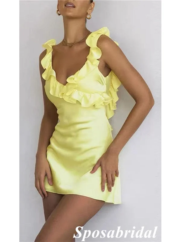 Sexy Soft Satin Spaghetti Straps V-Neck Sleeveless Mini Dresses/ Homecoming Dresses With Feather, PD3650