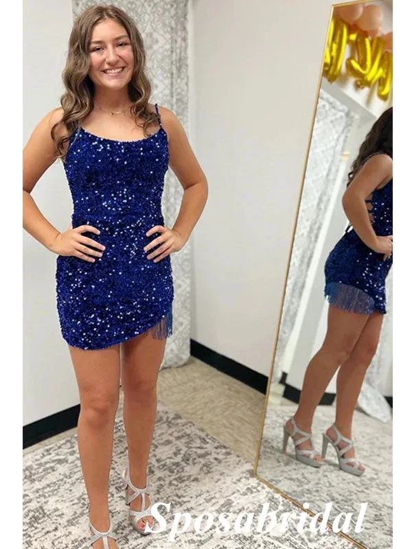 Shiny Royal Blue Sequin Spaghetti Straps Sheath Mini Dresses/ Homecoming Dresses With Tassel, PD3553