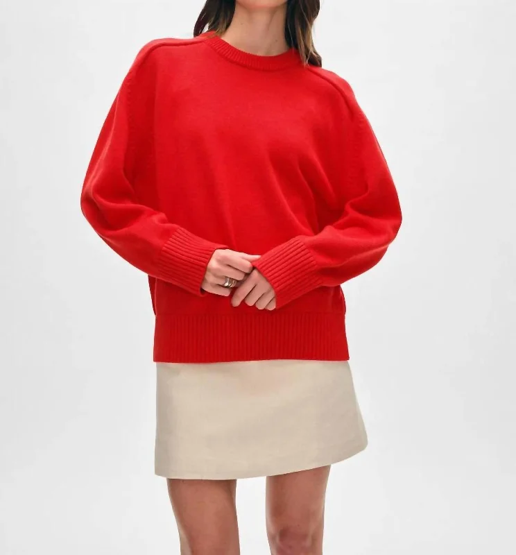 Saddle Sleeve Crew Sweater In Cherry Red