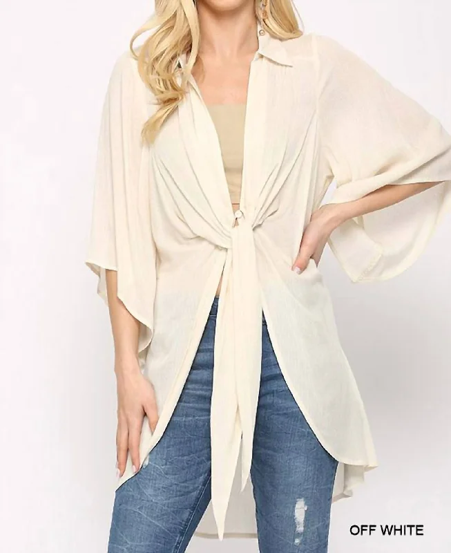 Tie Front Cardigan In Off-White